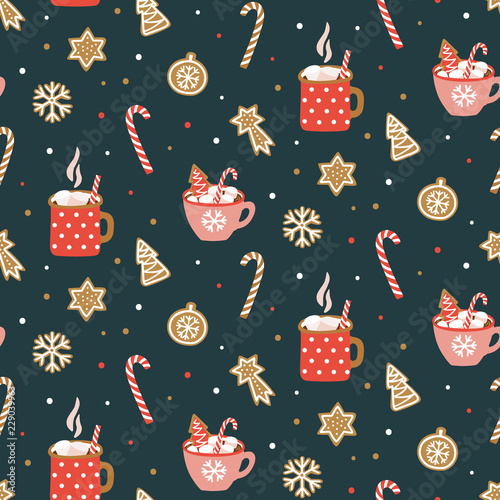 Cute hand drawn seamless pattern with cocoa, marshmallow and christmas cookies. Vector design template for wrapping paper, fabric, wallpaper , etc.
