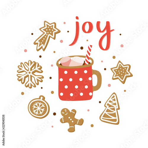 hristmas season hand drawn greeting card. Cute poster with lettering Joy, cocoa cup and gingerbreads. Vector illustration.