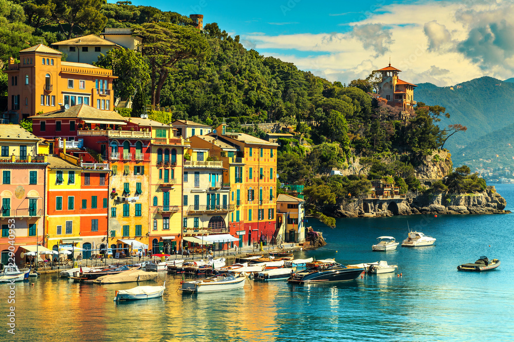 Colorful mediterranean houses with spectacular harbor, Portofino, Liguria, Italy, Europe