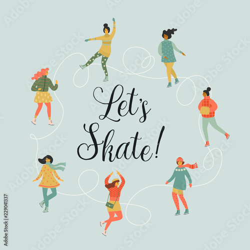 Vector illustration of women skate. Trendy retro style.