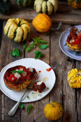 Meatball-stuffed squash with tomato sauce.selective focus