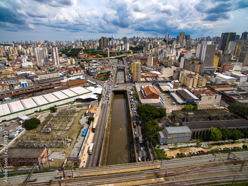  Great cities  great avenues  houses and buildings. Light district  Bairro da Luz   Sao Paulo Brazil  South America. Rail and subway trains. Aerial view of State Avenue next to the Tamanduatei River 