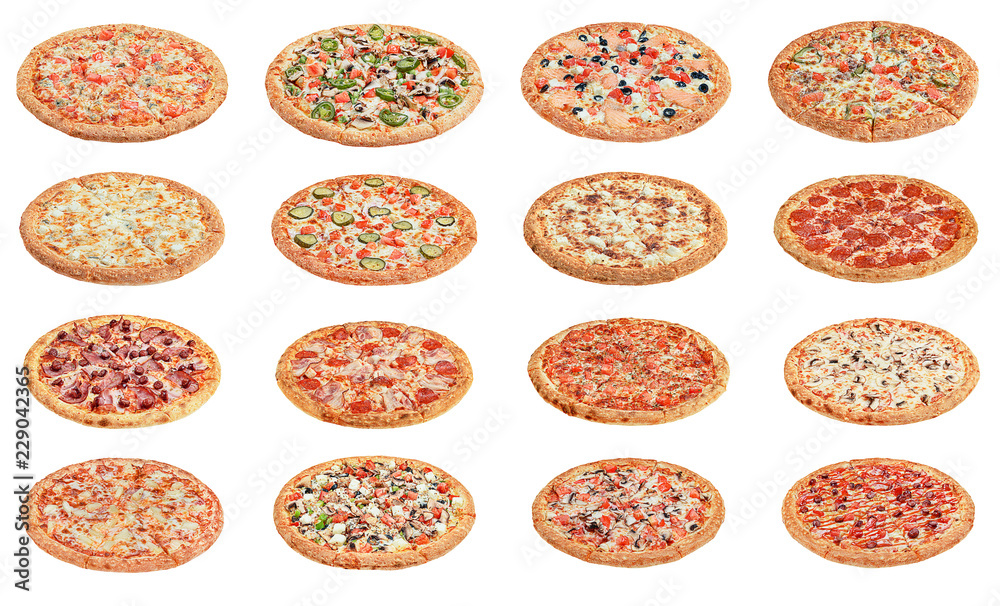 sixteen kinds of pizza on white background isolate. restaurant menu.