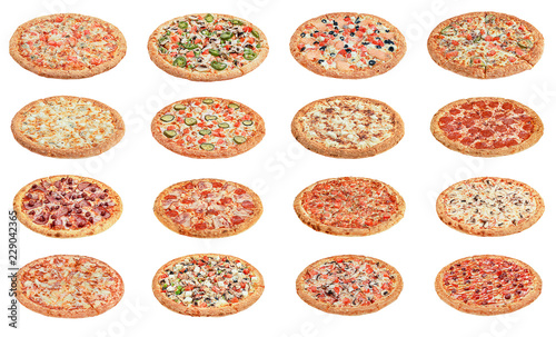 Obraz na płótnie sixteen kinds of pizza on white background isolate. restaurant menu. w salonie