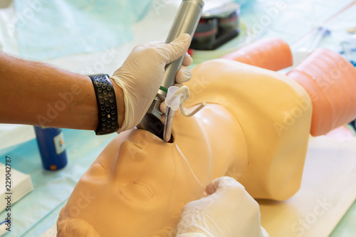 Endotracheal intubation on a medical practice puppet