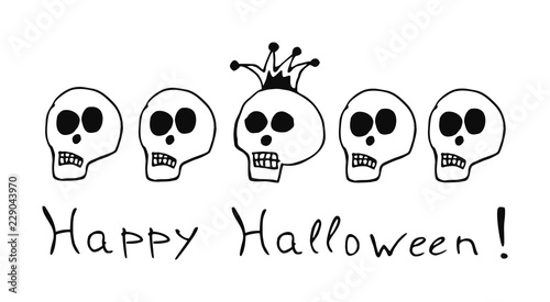 Five human skulls. One of them with a royal crown. Halloween The day of the Dead. Vector drawing.