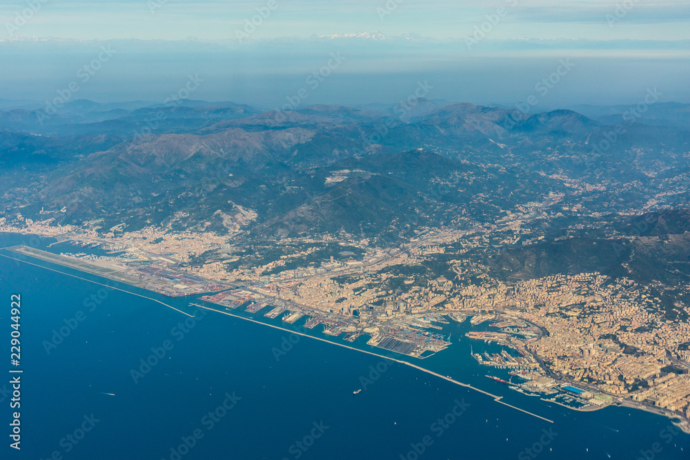Genova Italy - Airport, Harbour and central city - aerial view 