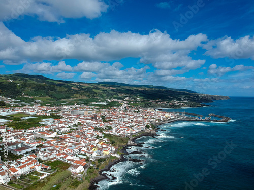 Aerial view of a Portuguese village on the island of São Miguel. "Vila Franca do Campo" in Portugal. Drone Shot