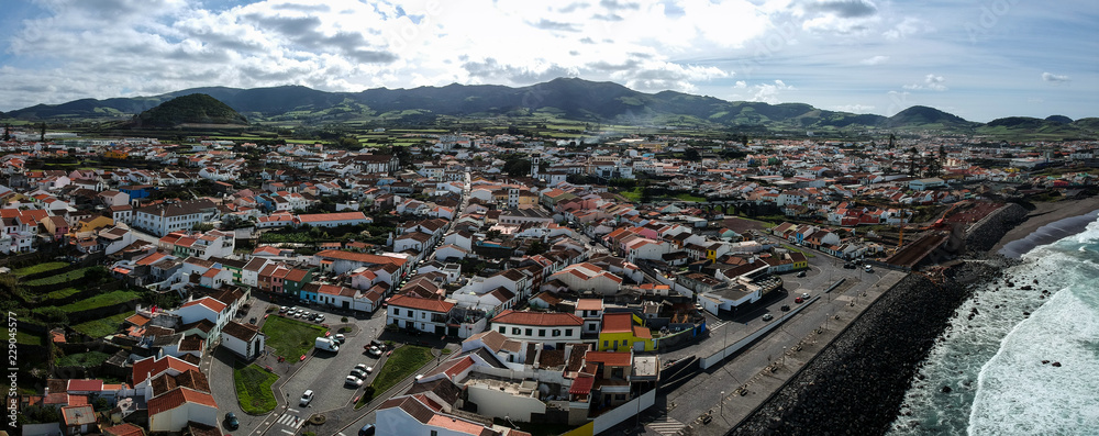 Aerial view of a Portuguese village on the island of São Miguel. 