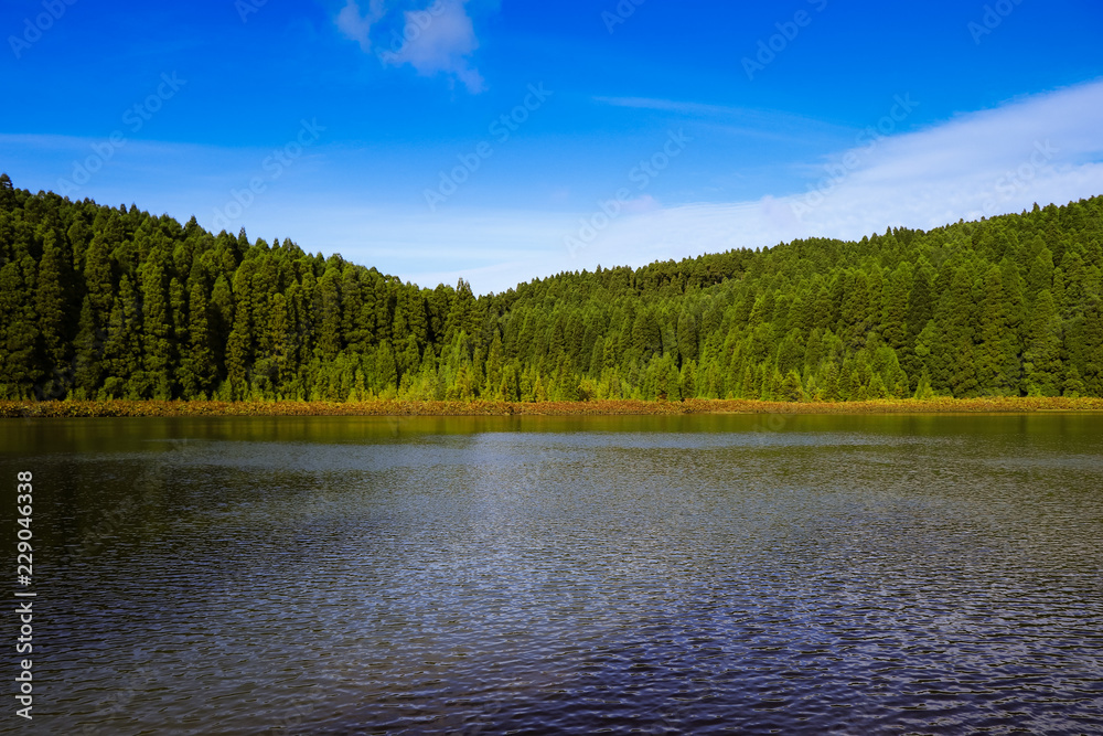 Beautiful Lake  surrounded by trees. Azores islands, 