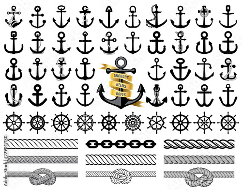 Set of anchors, rudders icons, and ropes. Vector illustration.