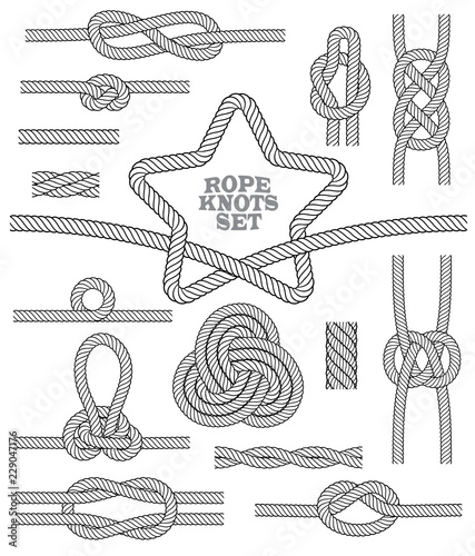 Set of rope knots and rug. Seamless decorative elements. Vector illustration.
