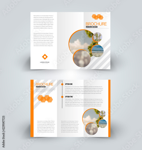 Brochure template. Business trifold flyer.  Creative design trend for professional corporate style. Vector illustration. Orange color.