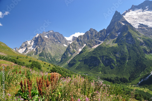 Closeup mountains scenes in national park Dombai, Caucasus, Russia, Europe. Sunshine weather and blue sky, summer day