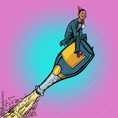 champagne wine, African man flying on a bottle. Holiday celebrat