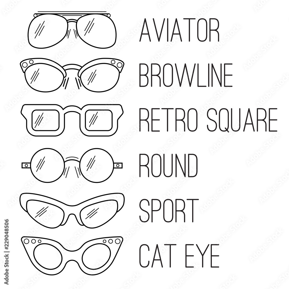 Types of sunglasses for fashion illustration. Vector illustration
