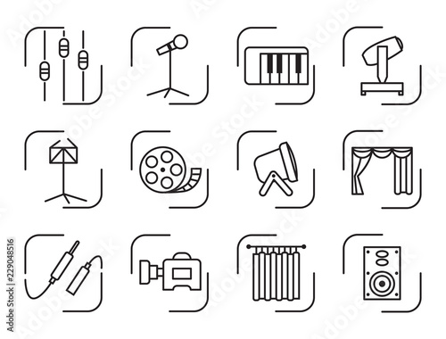 Set icons of sound reinforcement, sound recording, concert and studio lighting, broadcast, telecommunications, cinema technologies and stage drapery. Vector illustration in line style