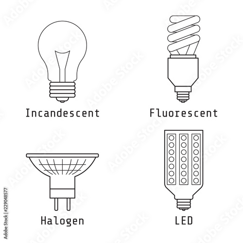 Light bulb icons: LED, incandescent, halogen, fluorescent. Different kind of lighting equipment in line style isolated on white background