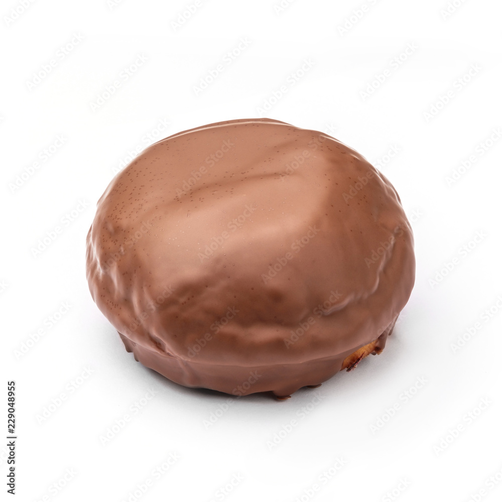 Donut glazed with milk chocolate. View from a forty-five degree angle. Isolated image. Donut glazed with milk chocolate. View from a forty-five degree angle. Isolated image.