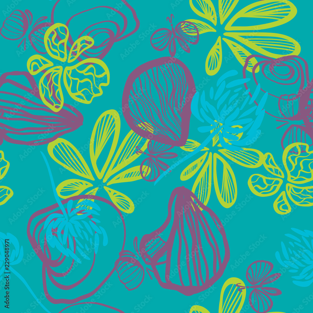 Turquoise background with abstract seashells butterflies and flowers vector seamless pattern