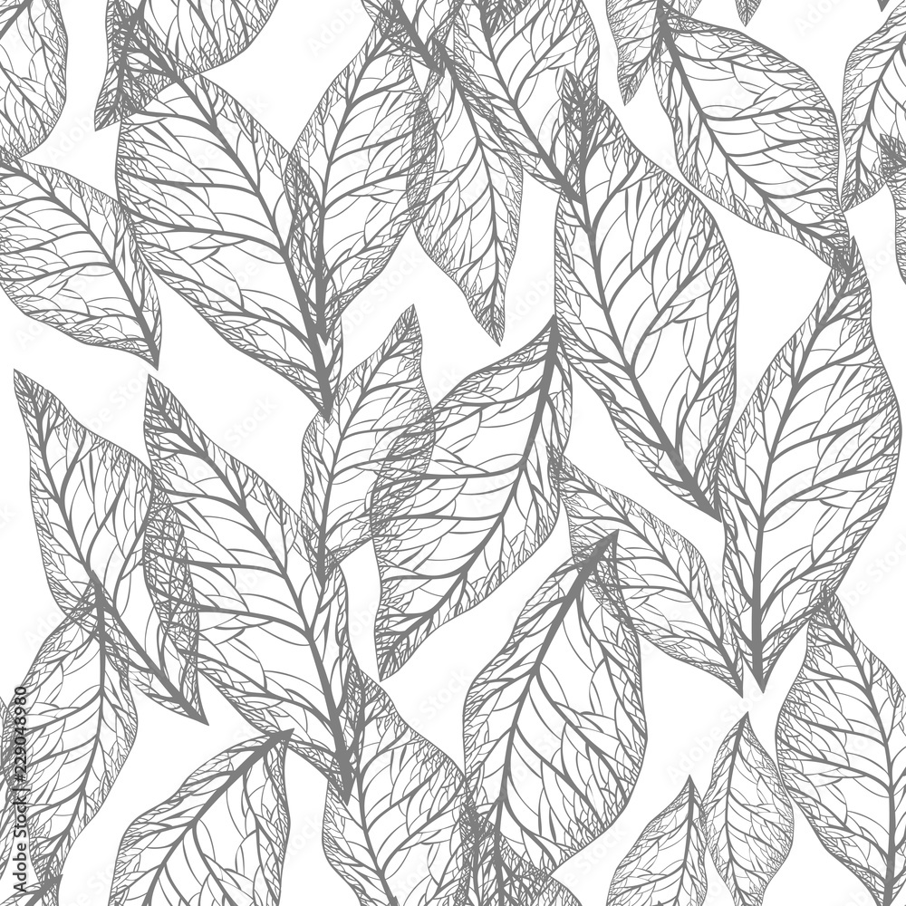 Gray leaves on white background seamless pattern