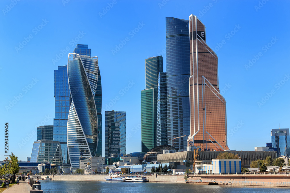 Moscow, Russia - August 29, 2016: Closeup panorama of international business Russian Center in Moscow city