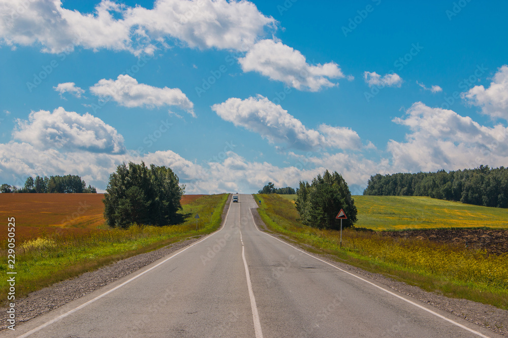 Road through green deep forest in Russia. Around green pines and blue sky, sunny day and autumn times Road through green deep forest in Russia. Around green pines and blue sky, sunny day and autumn times
