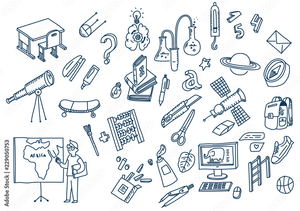 Obraz premium Learning and education Hand drawn doodle school elements