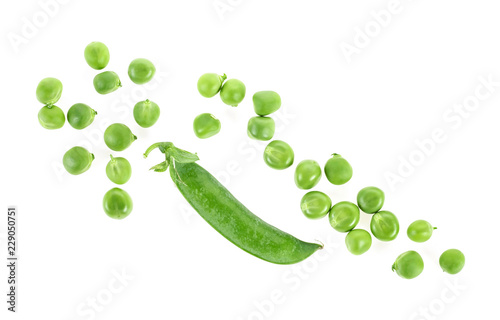 Fresh green peas isolated on white background, top view.