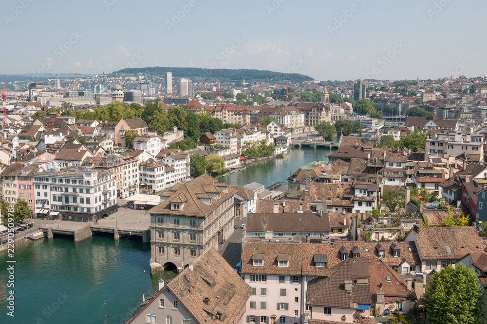 Aerial view of historic Zurich city center with river Limmat from Grossmunster Church, canton of Zurich, Switzerland. Sunny day in summer