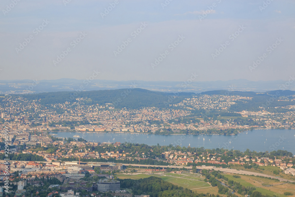 Aerial view of historic Zurich city center with lake, canton of Zurich, Switzerland. Sunny day in summer
