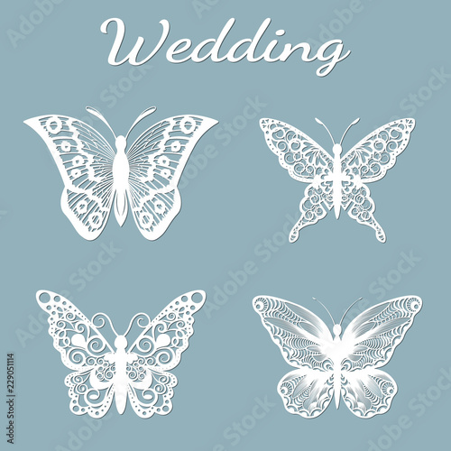 Image with the inscription-wedding. Template with vector illustration of butterflies. For laser cutting, plotter and silkscreen printing.