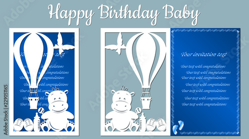 The image with the inscription-Happy birthday. Template with vector illustration of toys. For laser cutting, plotter and silkscreen printing. Hippo, shoes, balloon, butterfly, nipple.