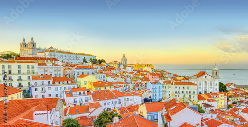 Old Lisbon town panoramic view at sunset. Portugal.