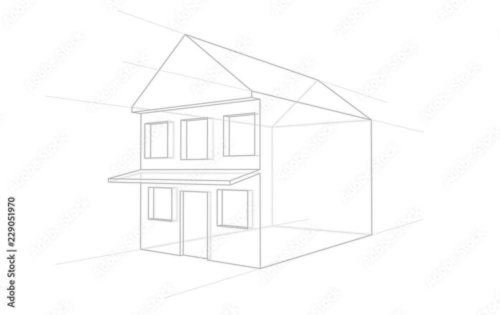 House two floors, technical drawing, lines on a white background