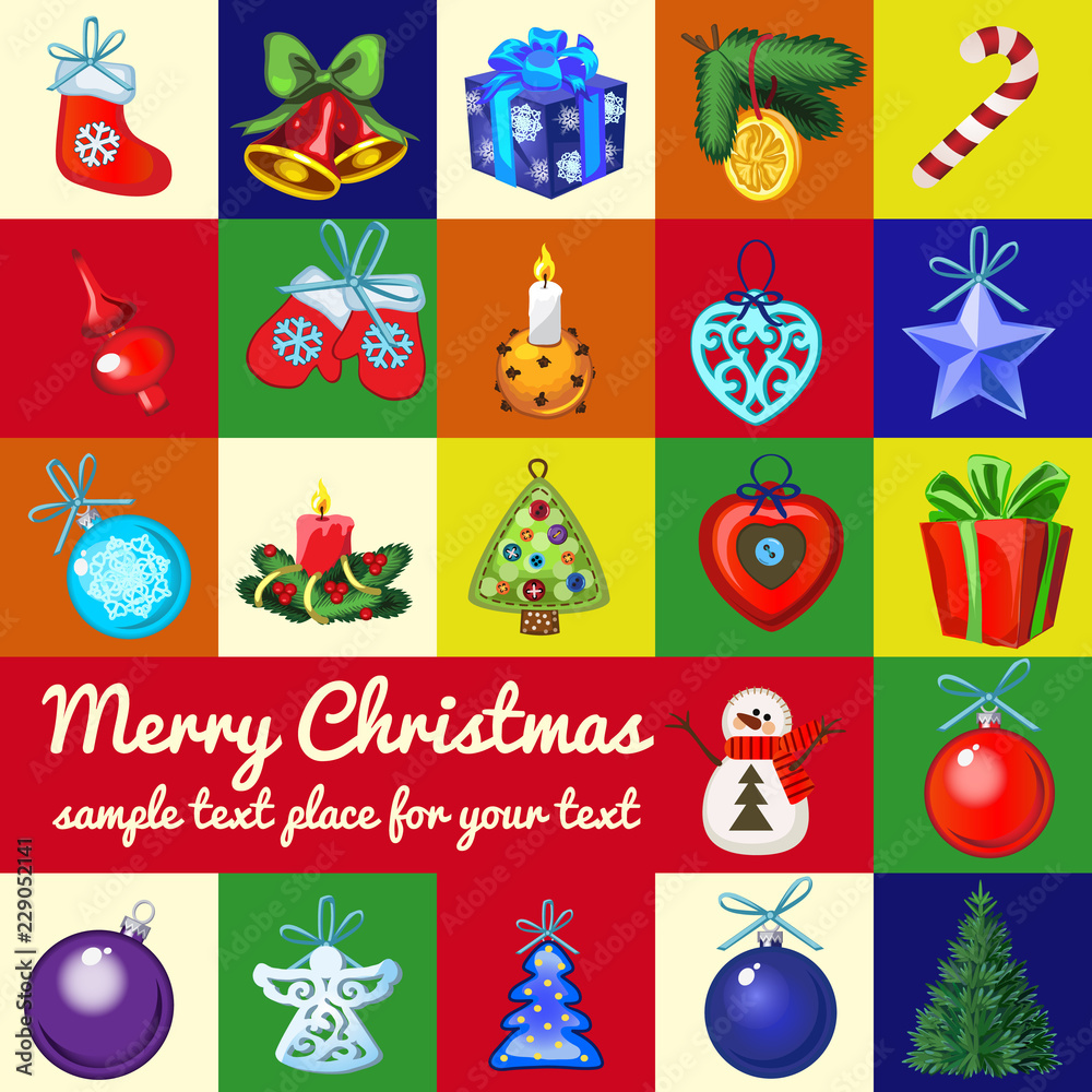 Sample design of placard with attributes of the New Year and Christmas. Sketch of the poster, party invitation and other cards. Vector illustration. Sample design of placard with attributes of the New Year and Christmas. Sketch of the poster, party invitation and other cards. Vector illustration.