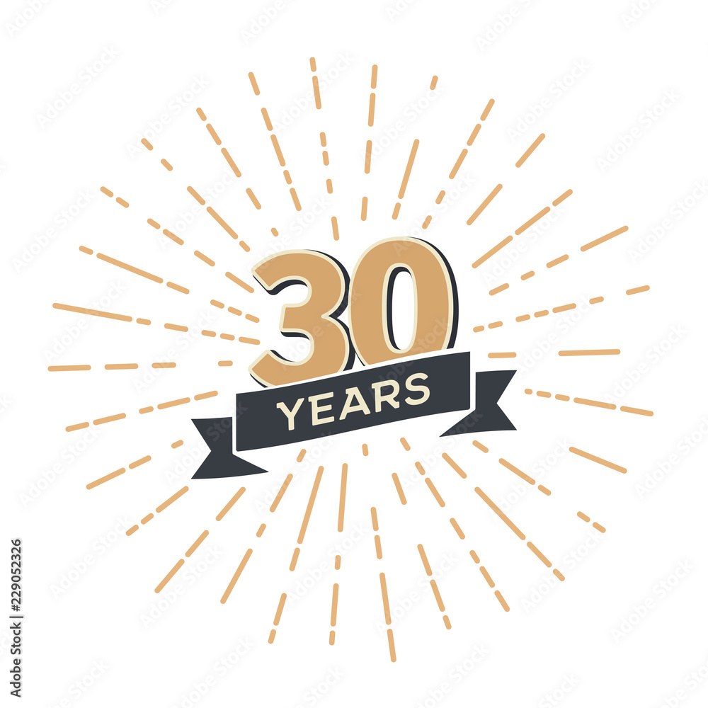 Thirty five anniversary retro vector emblem isolated template. Vintage logo Thirtieth 30th years with ribbon and fireworks on white background