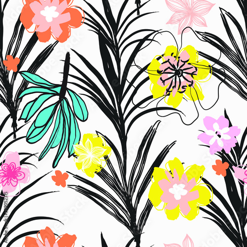 Fototapeta Naklejka Na Ścianę i Meble -  Vector Fantasy Botanical Painting Illustration with Flowers and Exotic Leaves , Seamless Pattern Print