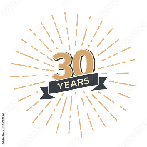 Thirty five anniversary retro vector emblem isolated template. Vintage logo Thirtieth 30th years with ribbon and fireworks on white background