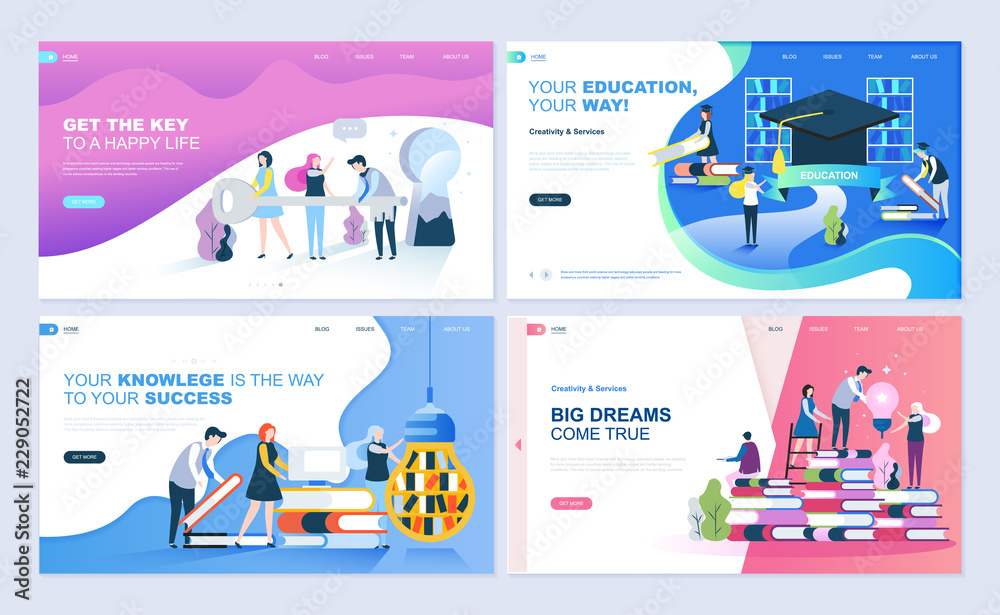 Set of landing page template for education, know how, university, business solutions. Modern vector illustration flat concepts decorated people character for website and mobile website development.