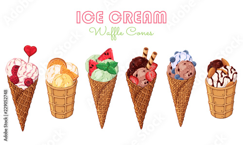 Vector illustrations on the sweets theme; set of different kinds of ice cream in waffle cones decorated with berries, chocolate or nuts. Realistic isolated objects for your design.