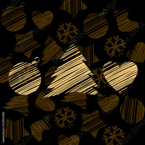 Silhouette of a stroke Christmas tree, heart and ball golden color isolated on brown background with texture of attributes of Christmas. Sample of creative poster, party invitation, other card. Vector