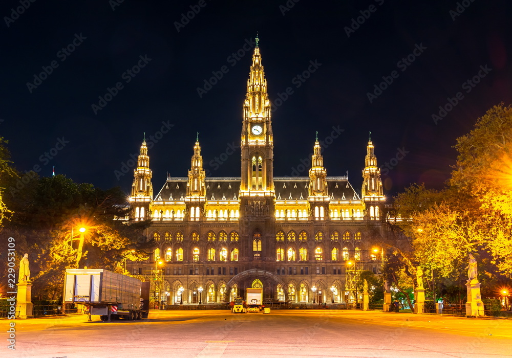 Vienna city hall at night, Austria