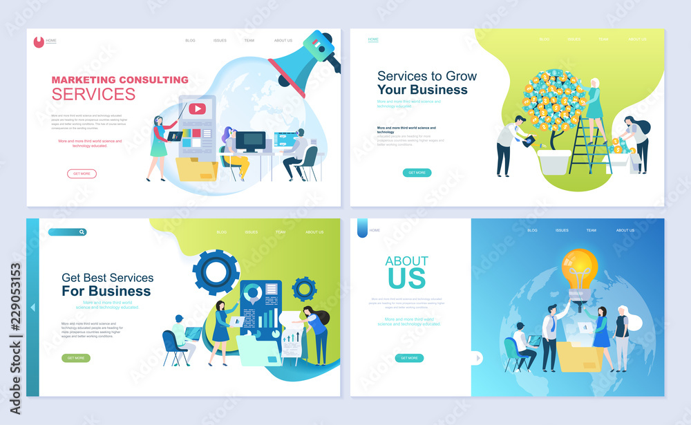 Set of landing page template for business, consulting, finance and marketing. Modern vector illustration flat concepts decorated people character for website and mobile website development.