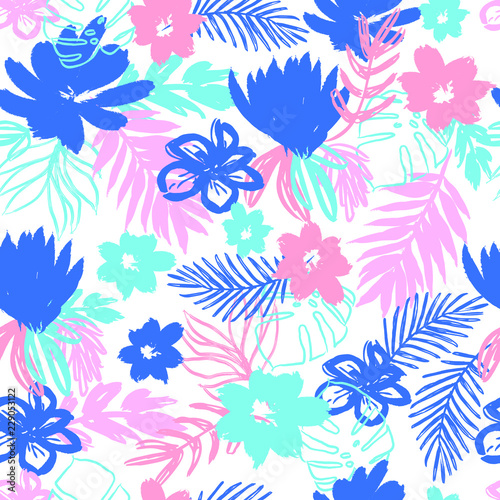 seamless floral pattern with flowers and palm leaves