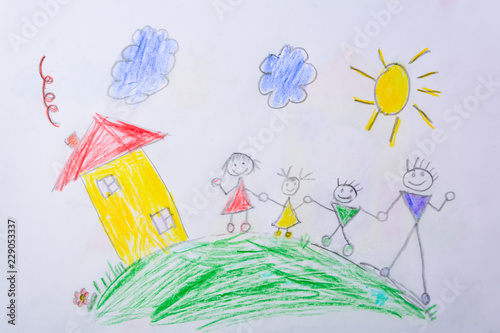 Children's drawing My Happy Family . The concept of child psychology.