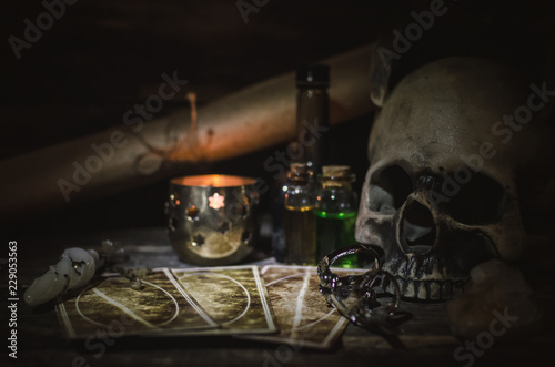Tarot cards on fortune teller table background. Futune reading concept. Divination.