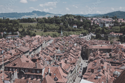 Aerial view of historic Bern city center from Bern Minster, Switzerland, Europe. Summer landscape, sunny day and blue sky