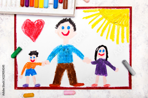 Colorful drawing: Single parenting. Smiling family with father and her two kids: daughter and son.