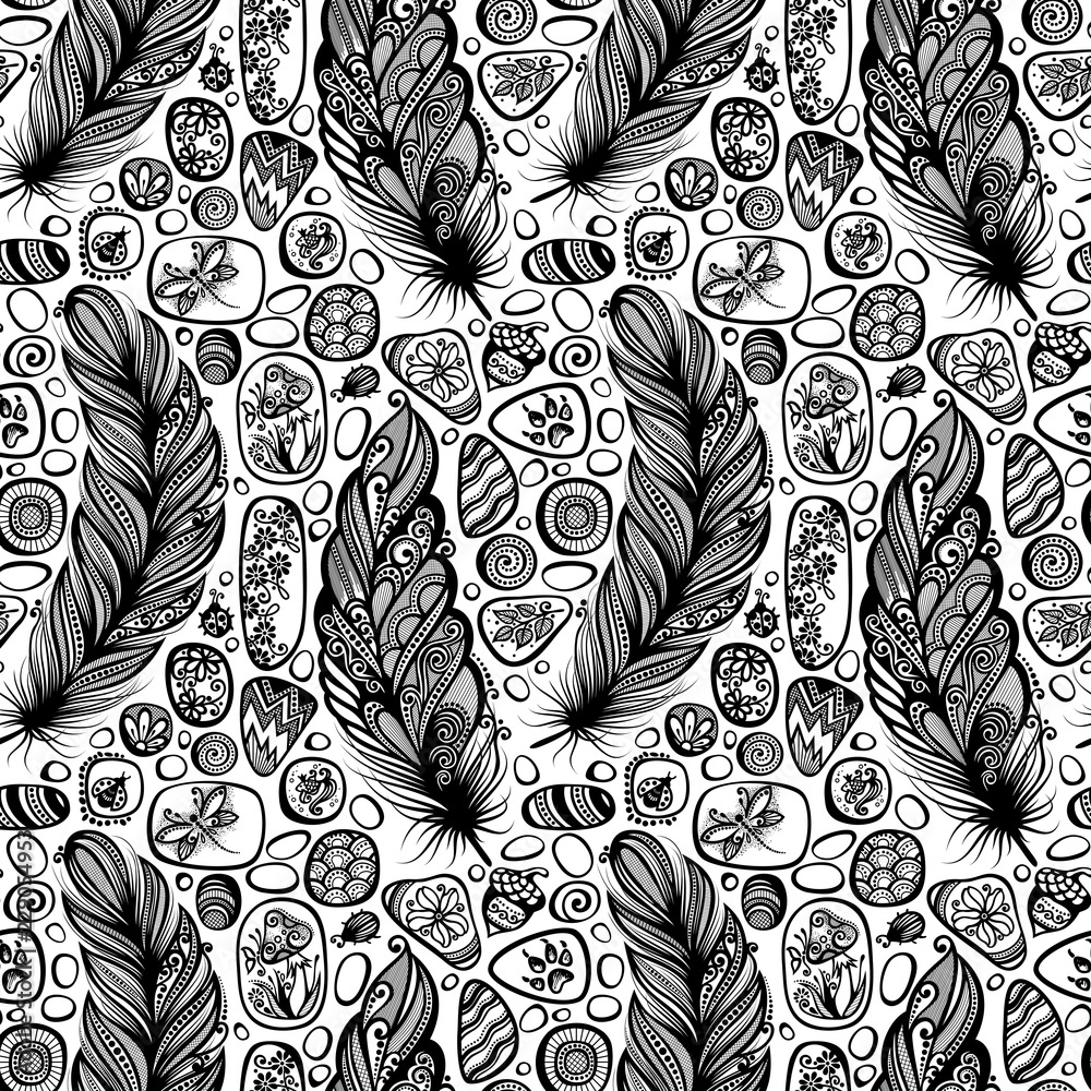 Monochrome Seamless Pattern with Sea Pebbles and Feathers